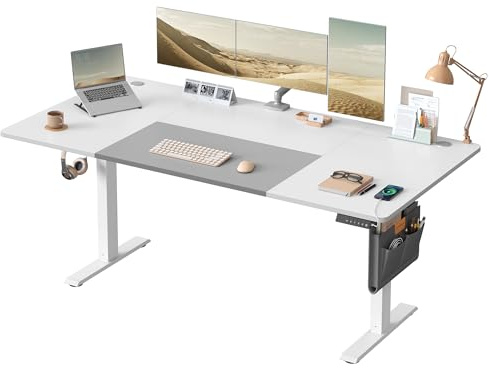 SONGMICS Bureau Électrique Réglable en Hauteur, 180 x 80 cm, Table Assis-Debout, Fonction Mémoire 4 Hauteurs, Port USB-C, pour Bureau, Télétravail, Blanc Nuage et Gris Tourterelle LSD028WZ03