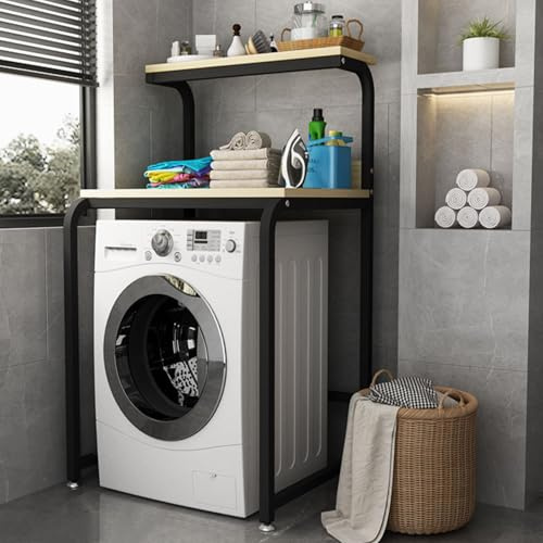 Lagerregal über der Waschmaschine, 2-Etagen Waschmaschinen Regal mit Multifunktions Arbeitsfläche, Verzinkter Stahl Organizer mit Verstellbaren Kratzschutz Füßen(Black c)