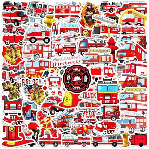 Alethron 100 Stück Feuerwehr Sticker, Feuerwehrauto Aufkleber Wasserfest Sticker Geschenkpapier Feuerwehr Deko Kinder Selbstklebend Aufkleber Set für Party Skateboard Geschenke Laptop Deko