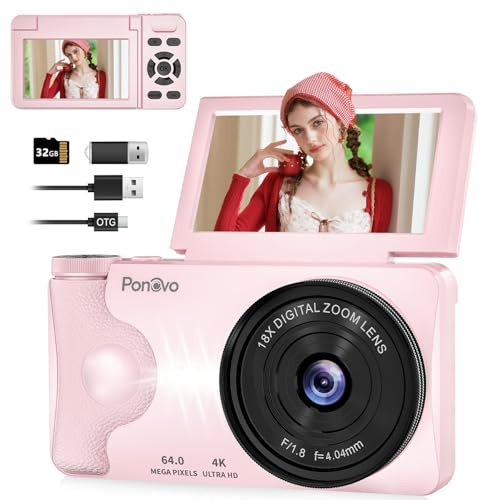 4K 64MP Digitalkamera Autofokus Fotokamera Vlogging Rosa | 3 180° Klappbildschirm, 32GB, 18X Zoom Digital, 2000mAh, Klein Kompakt, Reisen Täglichefotos