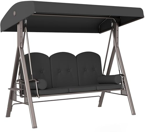 Outsunny Hollywoodschaukel 3-Sitzer Gartenschaukel mit verstellbar Sonnendach Tablett Sitzauflage, Schaukelbank belastbar bis 360kg, für Garten, Terrasse, 121 x 208 x 172cm, Dunkelgrau