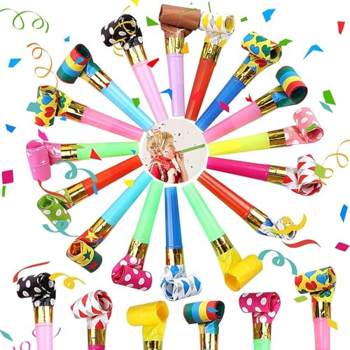 20 Piezas Matasuegras de Colores para Fiestas, Espantasuegras y Silbatos de Papel para Cumpleaños Infantiles, Rellenos de Piñata y Bolsas de Regalo, Accesorios Divertidos para Celebraciones