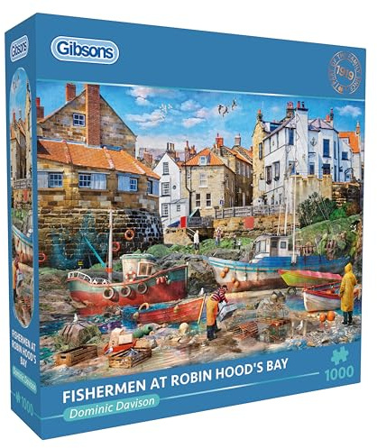 Gibsons Fishermen at Robin Hood’s Bay 1000 Piece Jigsaw Puzzle for Adults – Dominic Davison North Yorkshire Coast Artwork – Premium Sustainable Puzzle Made in UK/EU