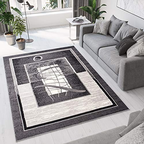 TAPISO Dream Teppich Wohnzimmer Kurzflor Grau Schwarz Creme Meliert Streifen Vierecke Modern Design Bordüre Schlafzimmer ÖKOTEX 140 x 200 cm
