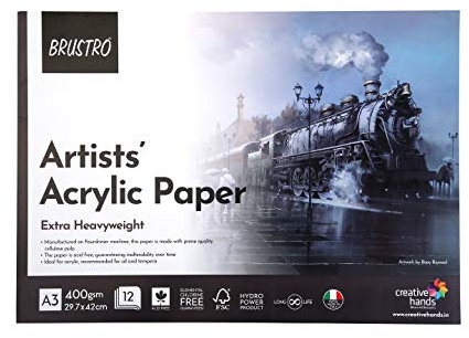 BRUSTRO Bloc adhésif acrylique pour artistes | 400 g/m², A3, 12 feuilles | Idéal pour la peinture acrylique, l'huile et la température, utilisation polyvalente pour les étudiants, les professionnels.