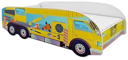 ACMA Kinderbett LKW Truck 160x80 cm Autobett Juniorbett für Kinder mit Matratze und Lattenrost, Spielbett mit Rausfallschutz, Kinderzimmer Bettmöbel, Design 02 Kran