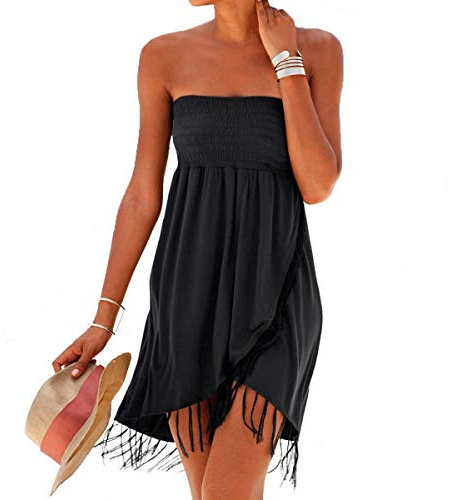 JLTPH Mini Robe pour Femmes Robe Bandeau Robe d'Été de Couleur Unie avec Gland Robe de Soirée sans Bretelles Robe de Cocktail Robe de Plage