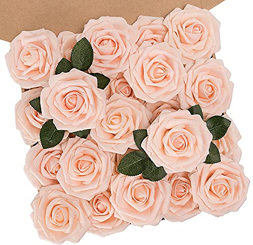 N&T NIETING Künstliche Blumen Rosen, 25 Stück Deko Blumen Fake Rosen mit Stielen, Künstliche Blumen Rose für Hochzeit Home Party Baby Dusche Valentinstag Deko, Blush