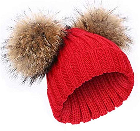 feifanshop Frauen Doppel-Pom-Mütze Bommel-Bälle Beanie Strickmütze Winter Warm