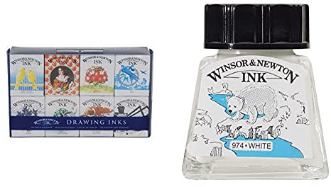 Winsor & Newton, Drawing Inks, Henry Collection Ink Pack, 8x14ml Bottles and 14ml Drawing Ink Bottle - White