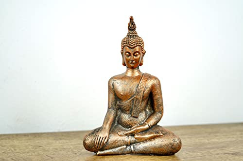 Buddha Figur Zen sitzend Statue Meditation Feng Shui Deko aus Kunstharz Höhe 15 cm Kupferfarben