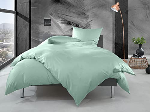 Bettwaesche-mit-Stil Mako Perkal Bettwäsche Uni einfarbig Pastell grün (Garnitur 240x220 + 2X 80x80 cm)