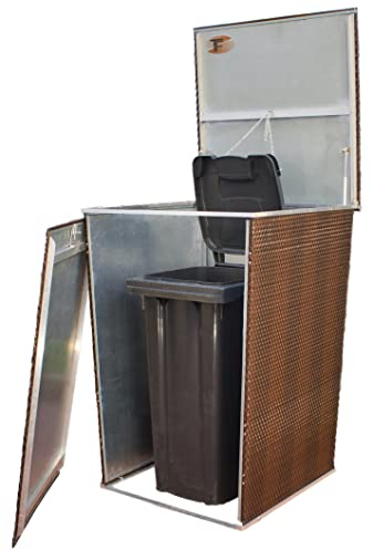 Mülltonnenverkleidung Rattanoptik für 120L–240L Tonnen – wetterfeste Mülltonnenbox aus Metall & Polyrattan – braun – mit Gasdruckfeder – RYBE