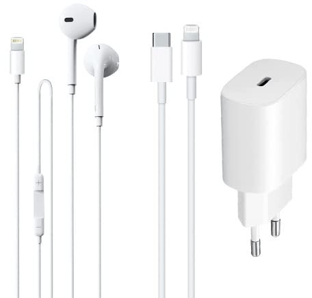 Kit 3 en 1 - Auriculares de cápsulas, cable USB-C Lightning, 20 W para dispositivos Apple