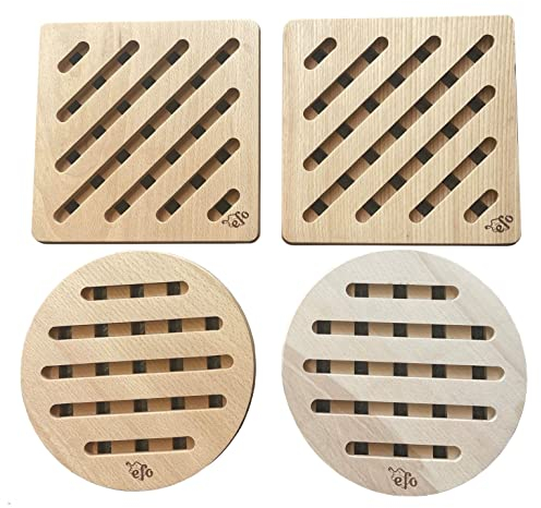 efo Lot de 4 Dessous de Plat en Bois pour Plans de Travail de Cuisine - Résistants à la Chaleur (carrés et Ronds 20x20cm) - Dessous de Plat antidérapants en Bois pour casseroles Chaudes ou casseroles