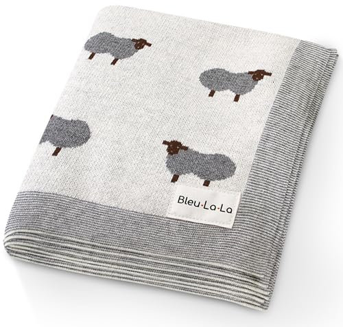 Bleu La La Empfangs Babydecke - 100% Luxuriöse Weichbaumwollstrick Warme Gemütliche Kuscheldecke für Kinderwagen und WiegePuckdecke für Neugeborene Säuglinge und Kleinkinder (Schaf - Elfenbein)