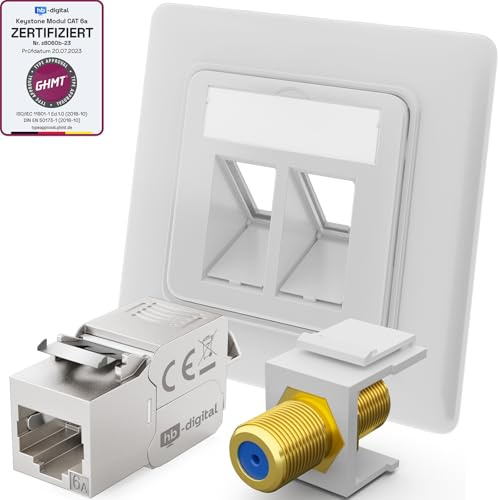 hb-digital 1x Anschlussdose Netzwerkdose LAN Dose Unterputz mit RJ45 Keystone Modul CAT 6a und vergoldet F-Verbinder Keystone F-Buchse Keystone-Halterung Adapter - Signalweiss