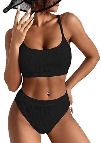 KOEMCY Damen Bikini Set High Waist Schwimmanzug Trendy Sexy Bademode Zweiteiliger Badeanzug Triangel Bikini Swimsuit Beachwear (Schwarz,M)
