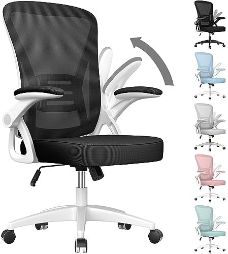 rattantree Silla de Oficina, Silla de Escritorio Ergonómica con Reposabrazos Plegables, Altura Ajustable, Soporte Lumbar, Silla Giratoria con Cojín de Asiento Acolchado Blanco