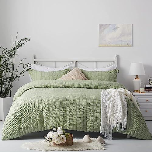 Lanqinglv Seersucker Bettwäsche 200x200cm Grün Salbeigrün,Elegant Wendebettwäsche Set aus Microfaser,1 Bettbezug 200x200cm und 2 Kissenbezug 80x80cm mit Reißverschluss