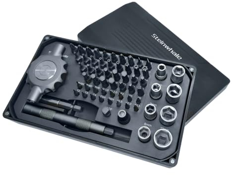 Steinwhale 64 in 1 Gearless Ratchet Screwdriver Bit Set, Ultra Smooth Operation, Flat Handle for Tight Spots and High Torque, Magnetic Assembly, 58pcs 1/4 inch and 4mm S2 Steel Bits for Versatile Use