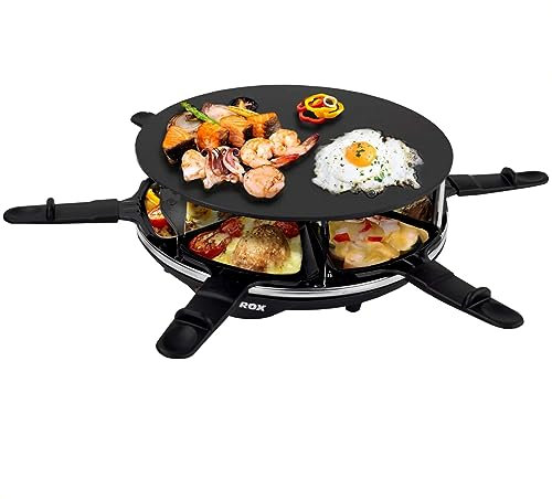 Syntrox Germany Raclette für 6 Personen Lillex, Rund mit Glas-Keramik Platte Emailliert, 900W Kompakter Party-Tischgrill Indoor, Antihaftbeschichtet, 6 Pfännchen & Spatel, Schwarz
