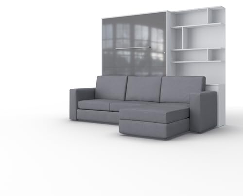 MAXIMAHOUSE Schrankbett vertikal mit Ecksofa 140x200 – Wandklappbett INVENTO 140V LED für Erwachsene – mit Lattenrost aus Holz Klappbett platzsparend für Wohnzimmer & Gästezimmer