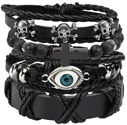 MILAKOO Armband aus Leder, Schwarz, Braun, geflochten, breit, für Frauen und Männer, Punk, Schmuck, Totenkopf, longueur réglable de 19,1 à 24,1 cm, Edelstahl Stein Metall Leder, Kein Edelstein