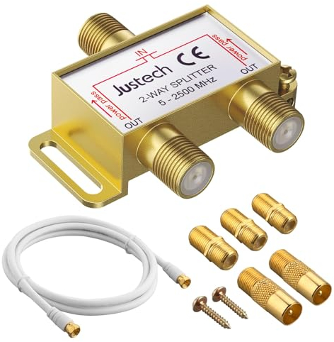 Justech Répartiteur d’antenne TV Répartiteur de Câble Coaxial Plaqué Or à 2 Voies MoCA 5-2500 MHz avec Câble Coaxial de 1,5 m, Connecteur F pour Sky Box, Telewest, Eurovox, Starview, Dreambox