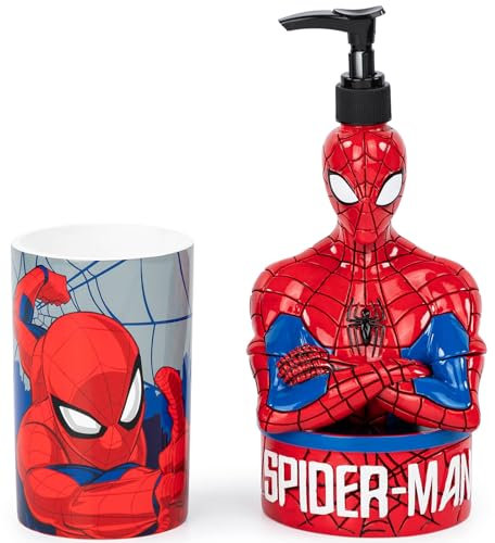 Marvel Spiderman 2-Piece Bathroom Set - Red and Blue Soap Dispenser and Cup Set - Superhero Resin Kids Bathroom Accessories