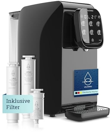 VILTARO® Osmoseanlage Trinkwasser [schwarz, 5-stufiges Filtersystem, 6 Temperaturstufen, mobil ohne Wasseranschluss] | Umkehrosmoseanlage | Osmose Wasserfilter | Kalkfilter | Trinkwasserfilter
