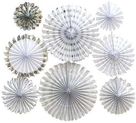 6-12 Pcs Hanging Paper Fans | Paper Fans Set for Party Decorations | Multi-Colored Round Wheel Disc | Paper Flower for Birthday, Wedding & Christmas Party (Silver - 8pcs)