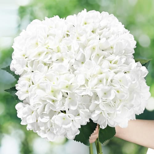 BLEUM CADE Lot de 4 fleurs d'hortensia artificielles blanches avec tiges, 45,7 cm, grandes fleurs artificielles d'hortensia pour décoration d'intérieur, printemps, mariage, centre de table