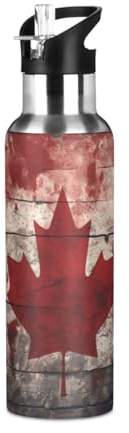Niigeu Artistique Vintage Drapeau Du Canada Bouteille d'eau Isotherme avec Paille en Acier Inoxydable Gourde, Sans BPA Gourdes Eau pour Enfant Sport Randonnée École Bureau (600ml/1L)