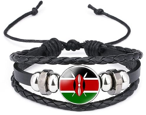 GONMFKM Fashion Kenya Flag Bracelet - African Flag Pattern Glass Pendant Leather Multi-Layer Woven Adjustable Bangle,Popular Jewelry Patriotic For Women Men,Black,Long 18Cm