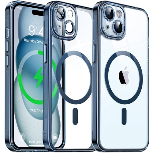 Flyzoo Clear Magnetic Case for iPhone 15 Plus (6.7'') Compatible with MagSafe & Camera Protector, [Non-Yellowing] [Shockproof & Antiscratch Protection] Hard Transparent Cover with Silicone, Blue