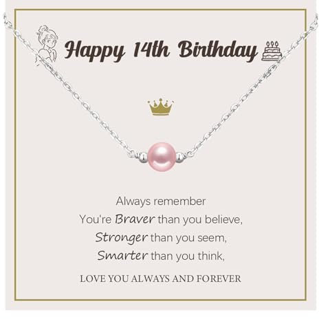 14th Birthday Gift for Girls, Dainty Pink Pearl Necklace Adjustable Pendant Necklace Birthday Present for Daughter Granddaughter Sister Niece Friend with Message Card & Box