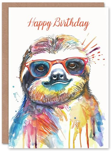 Artery8 Colourful Smiling Sloth Sunglasses Watercolour Blank For Him Or Her Art Birthday Card