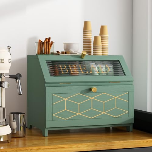 MROJISC Brotkasten Holz, 2 Etagen Brot Aufbewahrungsbox, Grün Brotkasten Groß Mit Transparentem Fenster Brotbox Küche Bread Box Für Küche, Arbeitsplatte, Lebensmittellagerung