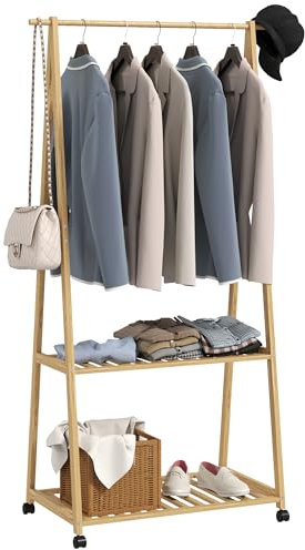 HOMCOM Portant à vêtement portemanteau en bambou sur roulettes avec 2 étagères et 2 crochets, pour entrée, chambre - dim. 84,5 x 43,5 x 158 cm, effet bois naturel