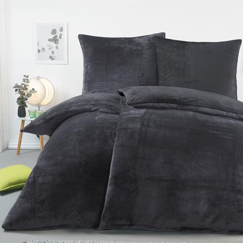 BaSaTex Winter Plüsch Bettwäsche Set 4 Teilig Nicky-Teddy Cashmere-Touch | Flauschiger Deckenbezug und Kissenbezug | Größe: 2X 135x200 cm + 2X 80x80 cm | Farbe: Anthrazit