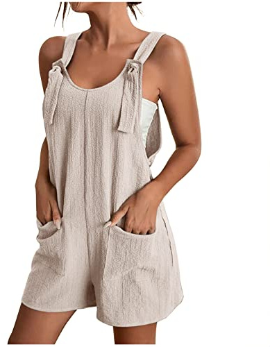 EMATOP Overall Damen Sommer Kurz Jumpsuit Baumwolle Leinen Latzhosen Ärmellos Lässiger Trägerhose Elegant Leicht Einteiler Shorts Einfarbig Mode Arbeitshose mit Taschen Playsuit Sport Romper
