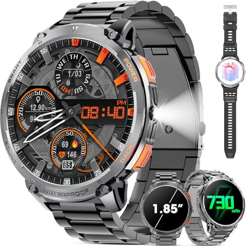 mingwear Militar Reloj Inteligente Hombre 1.85 Pantalla Táctil HD, Batería 730mAh,Linterna LED, Llamadas Bluetooth (Contestar/Marcar),Android/iOS, Monitor de Actividad, Resistente (Negro Obsidian)