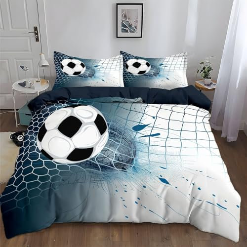 CozyRest Dunkelblau Bettwäsche 155 x 220 cm 3 teilig Kinder Bettbezug mit Reißverschluss, Football-Sporttorszene Muster Wendebettwäsche Set Wendedesign und Kissenbezug