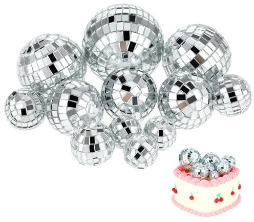 12 PCS Disco Ball Cake Decorations, 5 Sizes Mini Disco Balls, 70's Themed Dance Party Supplies for Christmas Party Cake Dessert Ornament (Silver)