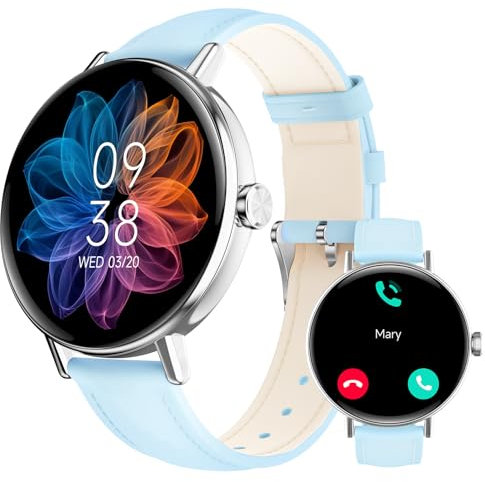 Smart Watch for Men Womem Answer/Make Call,1.27HD Dynamic Dial Fitness Watch with Heart Rate/Sleep/SpO2, Leahter Ladies Smartwatch for iPhone/Samsung/Android,IP68 Waterproof,110+ Sport Mode-Blue