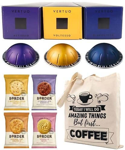 Coffee Pod Variety Pack for Nespresso Vertuo Machine - Altissio, Diavolitto, Voltesso - 3 Boxes (30 Pods) Bundled with Border Biscuits and Reusable Tote Bag