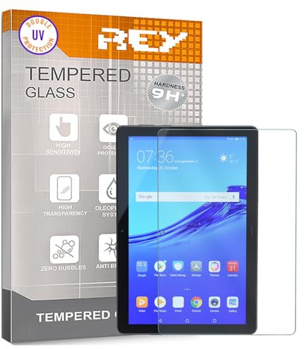 REY Protector de Pantalla para Tablet Huawei MEDIAPAD T5 10.1, Cristal con Doble Protección UV, Vidrio Templado Premium 9H+