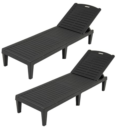 GIANTEX Juego de 2 Tumbonas de Exterior, Sillas Reclinables de Plástico con Respaldo Ajustable en 5 Posiciones, Carga hasta 160 kg, Tumbonas Impermeables para Jardín, Patio, Playa, Piscina (Negro)