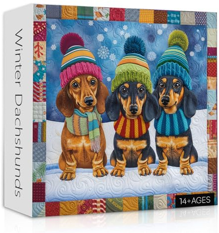 PICKFORU Winter Dachshunds Puzzles for Adults，Christmas Cute Dog Jigsaw Puzzles 1000 Pieces, Embroidery Snow Animal Puzzle, Vintage Theme as Wall Art Decor